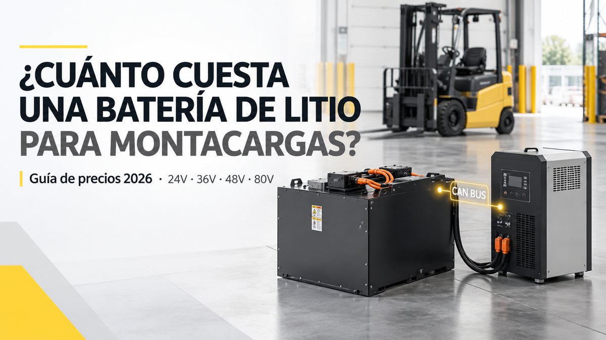 Batería de litio industrial para montacargas conectada a su cargador compatible mediante CAN BUS